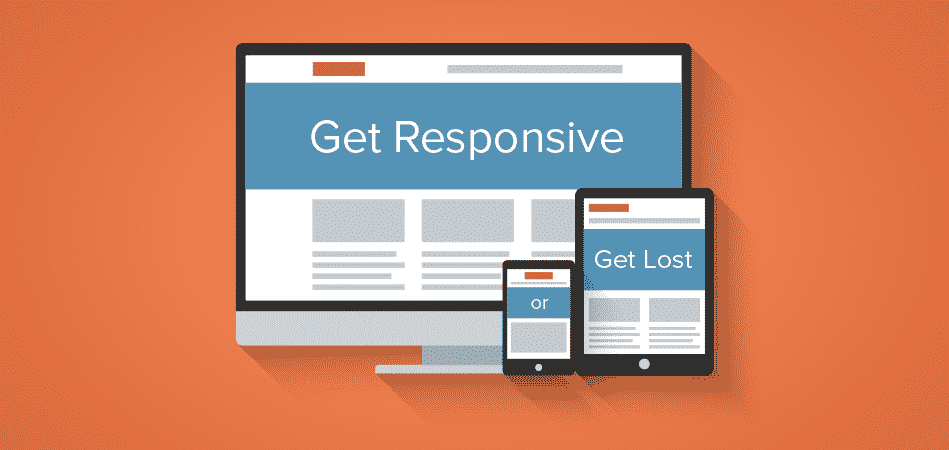 Three devices displaying web content: a desktop, a tablet, and a smartphone, with the phrases "Get Responsive" and "Get Lost."