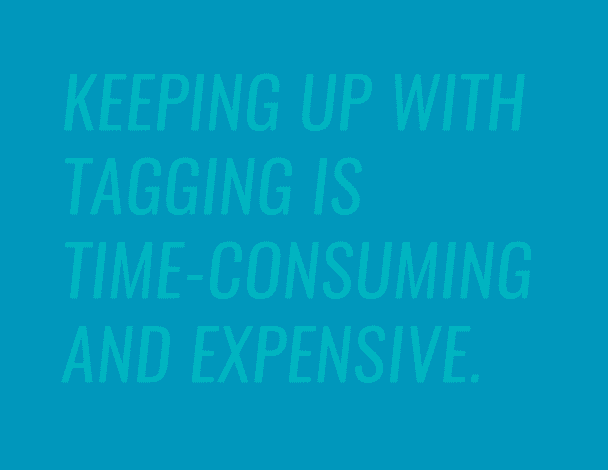 Text on a teal background: "KEEPING UP WITH TAGGING IS TIME-CONSUMING AND EXPENSIVE."