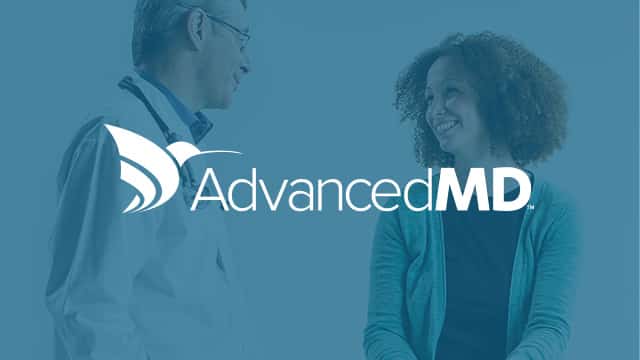 A doctor and a patient smiling and talking with the AdvancedMD logo overlayed. MedTech Marketing case study.
