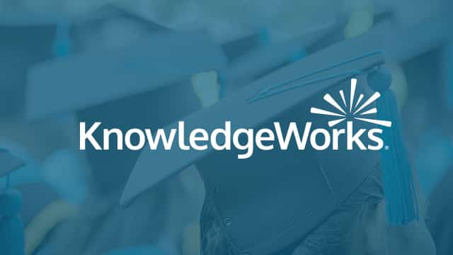 Logo of KnowledgeWorks over a blurred background of graduation caps. HyperX Education Marketing case study.