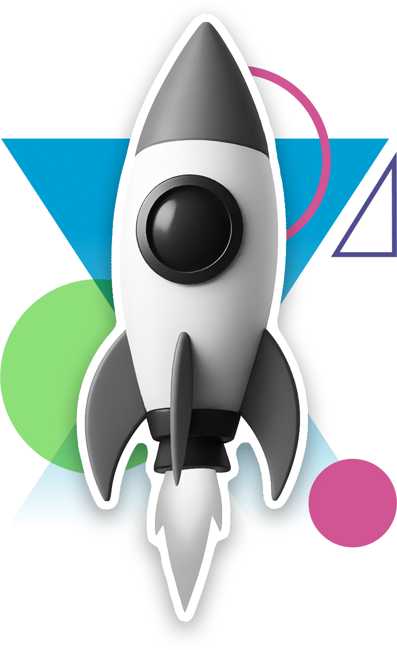 A stylized rocket graphic with colorful geometric shapes in the background.