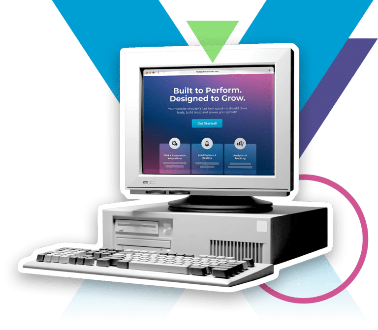 A vintage computer displaying a website with the text "Built to Perform. Designed to Grow."