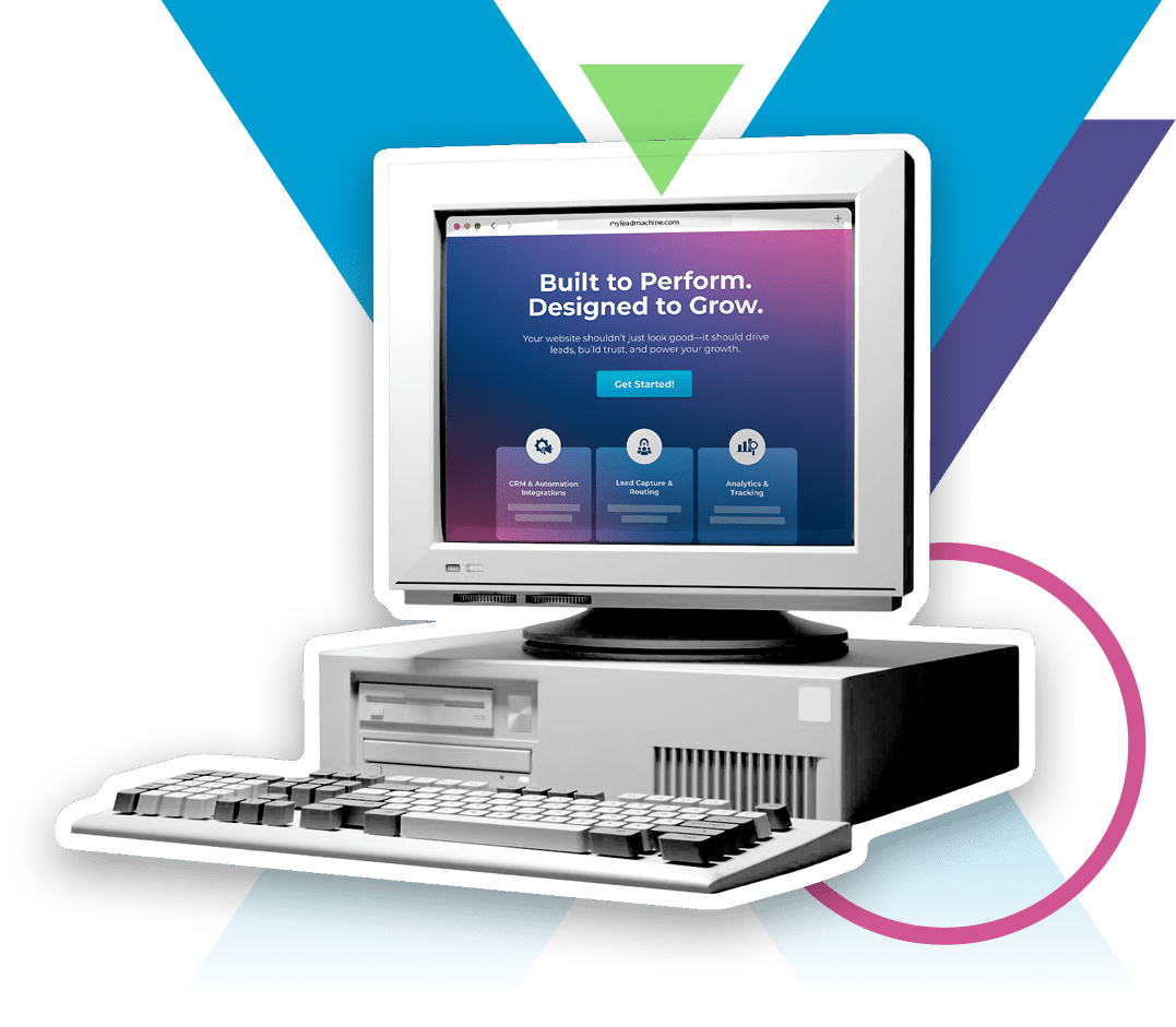 A vintage computer displaying a website with the text "Built to Perform. Designed to Grow."