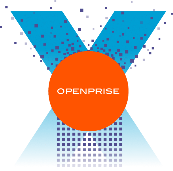 Logo featuring a blue "X" with a central orange circle that has the word "OPENPRISE" in white text.