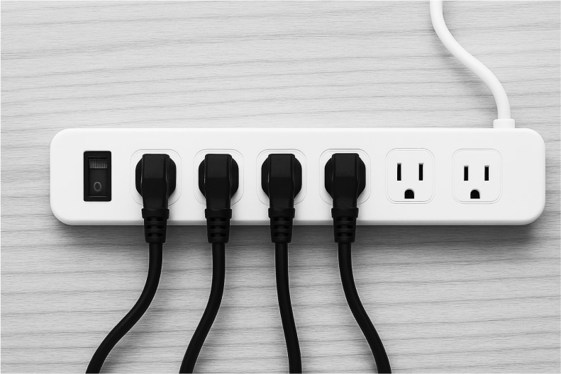 Power strip with four black plugs connected and two empty outlets, set against a light wooden surface.
